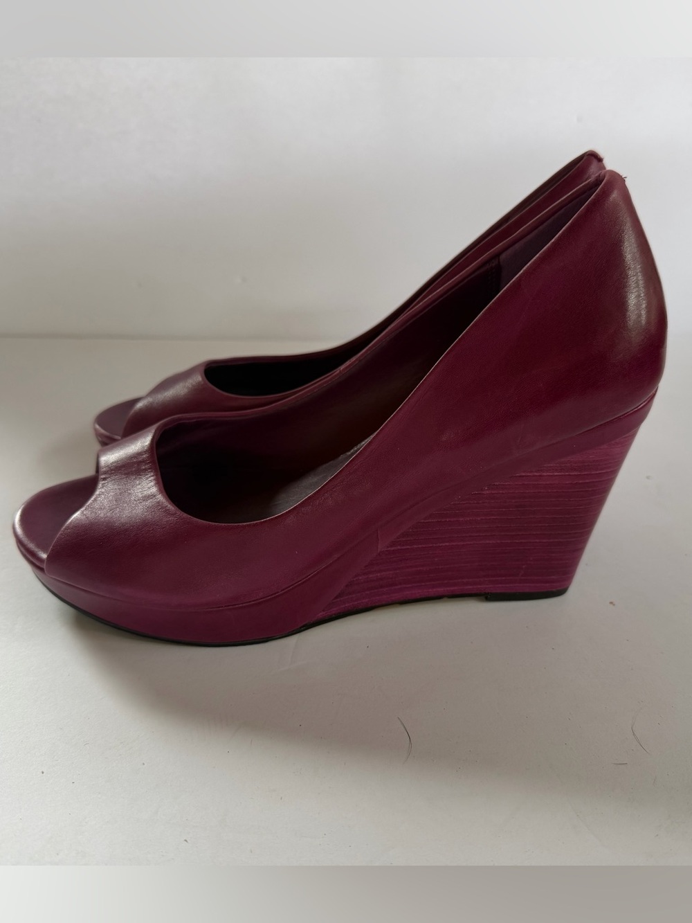 Cole Haan Plum Leather Open-Toed Wedges -Womens Elegant Sophisticated Business
